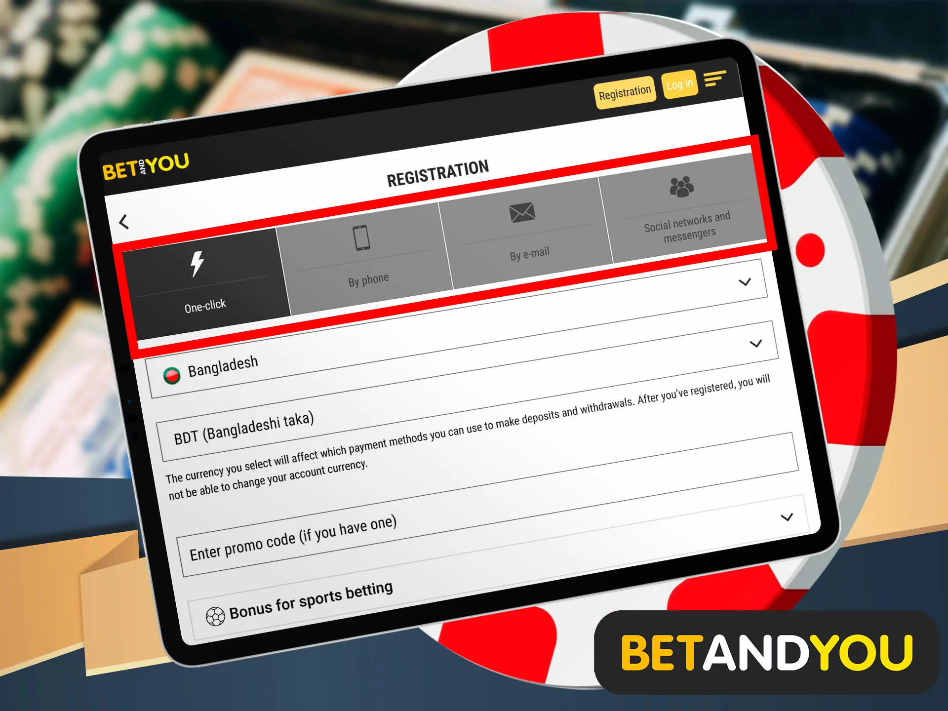 Then determine the type of registration, there are only 4 of them, just click on the required tab, then fill in the required data, they will be useful in the future for authorization at Betandyou casino.