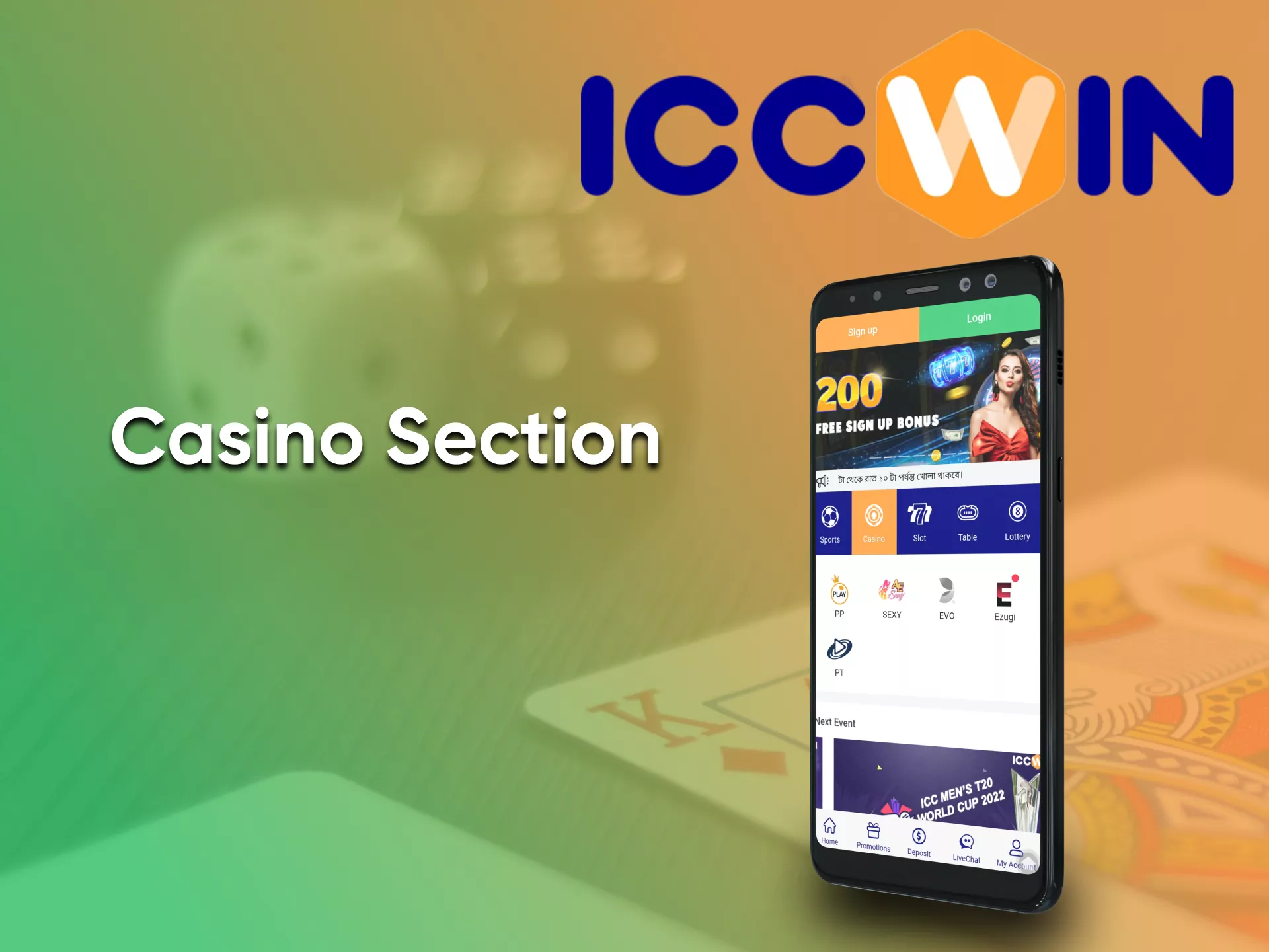 Go to the section of casino games from ICCWin.