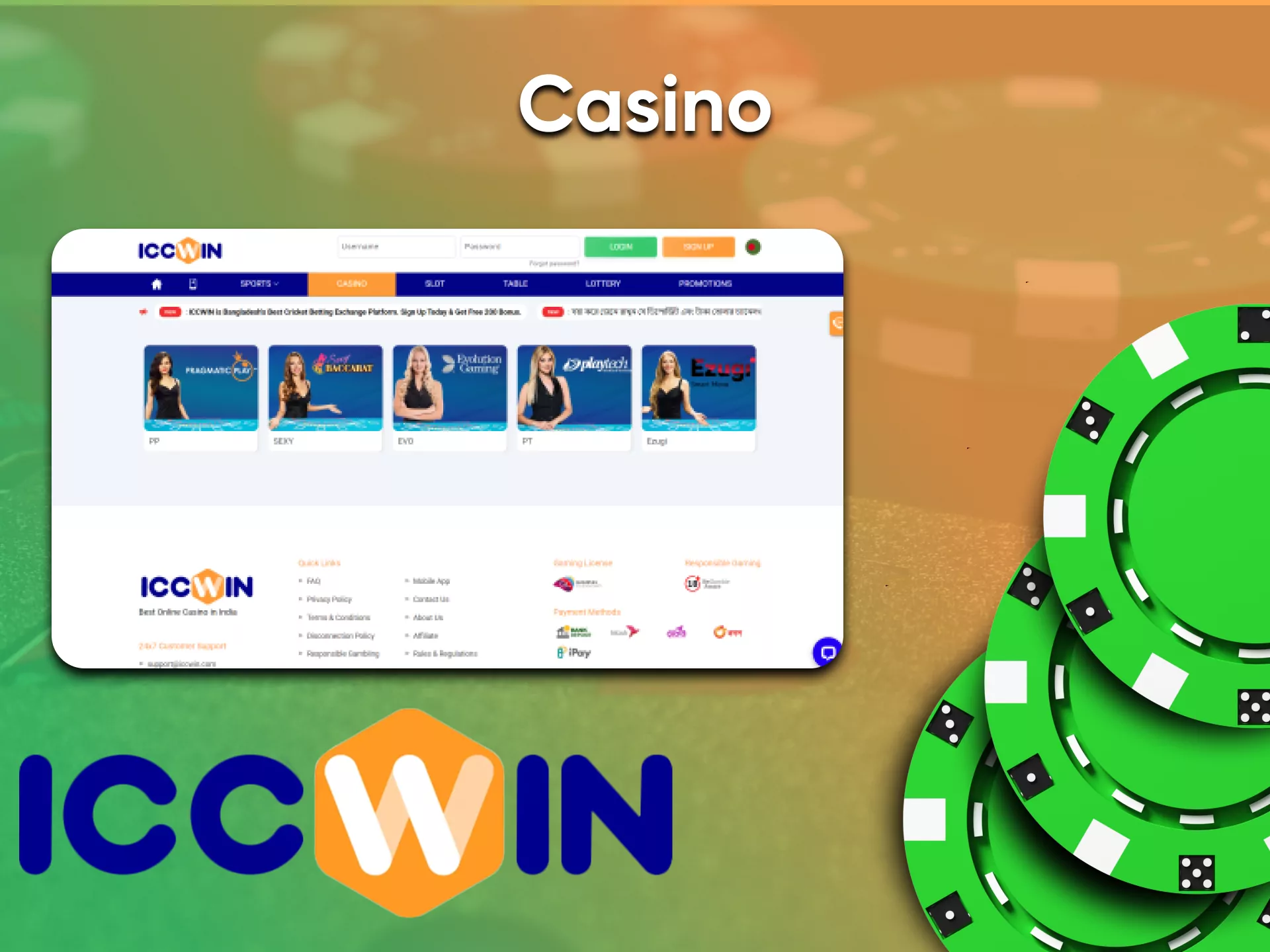 Go to the desired section on the site for casino games from ICCWin.