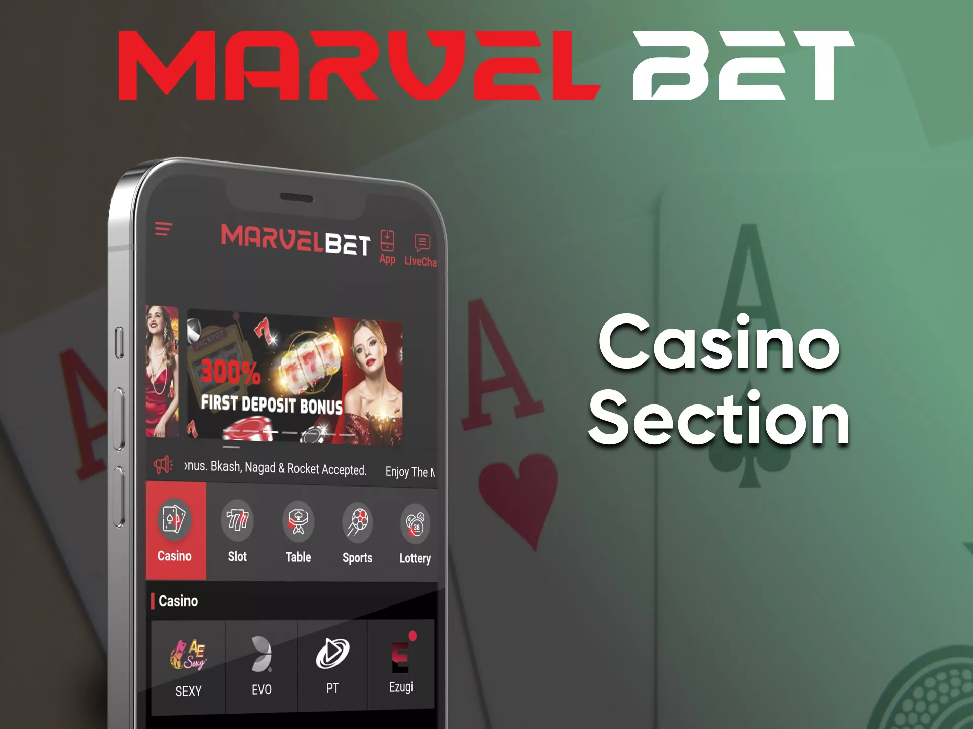 Go to the right section for casino games from Marvelbet.