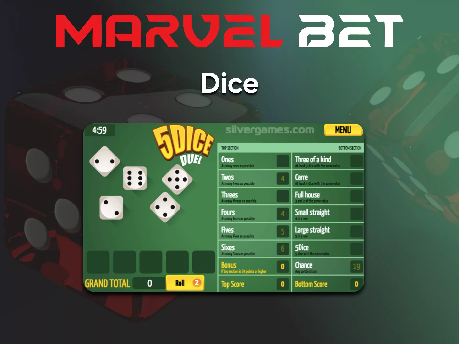To play dice from Marvelbet, go to the Casino.