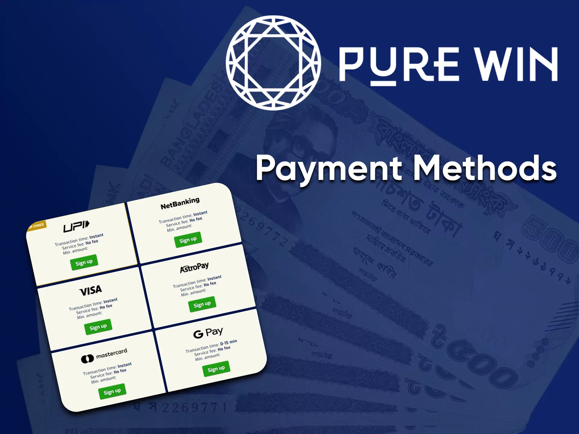 Fund your account in a convenient way for playing in a casino from Pure Win.
