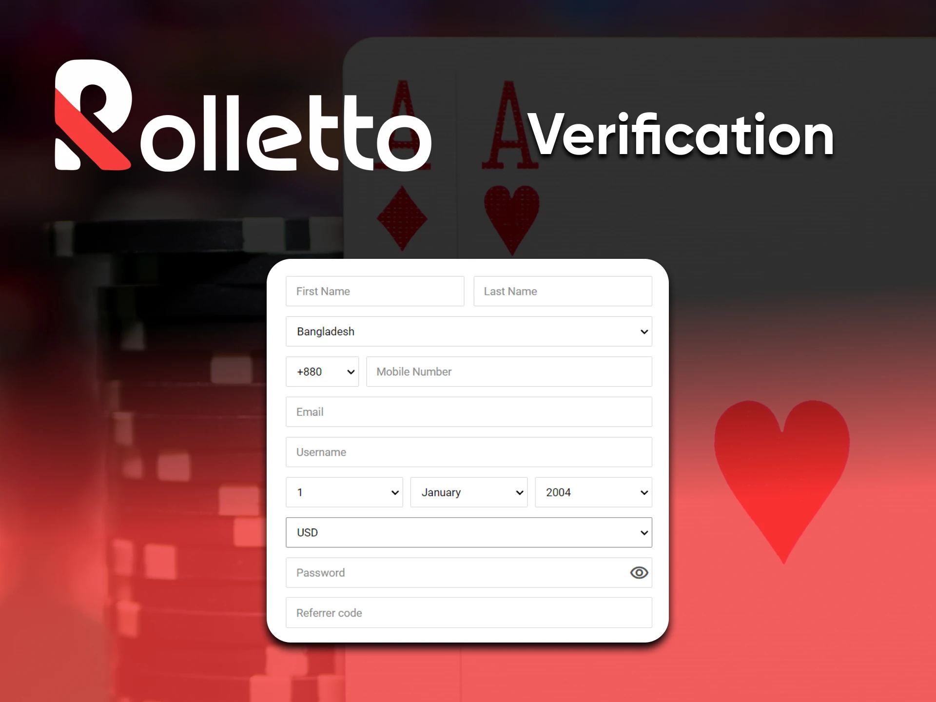 Create an account and fill in the data for playing games in the casino from Rolletto.