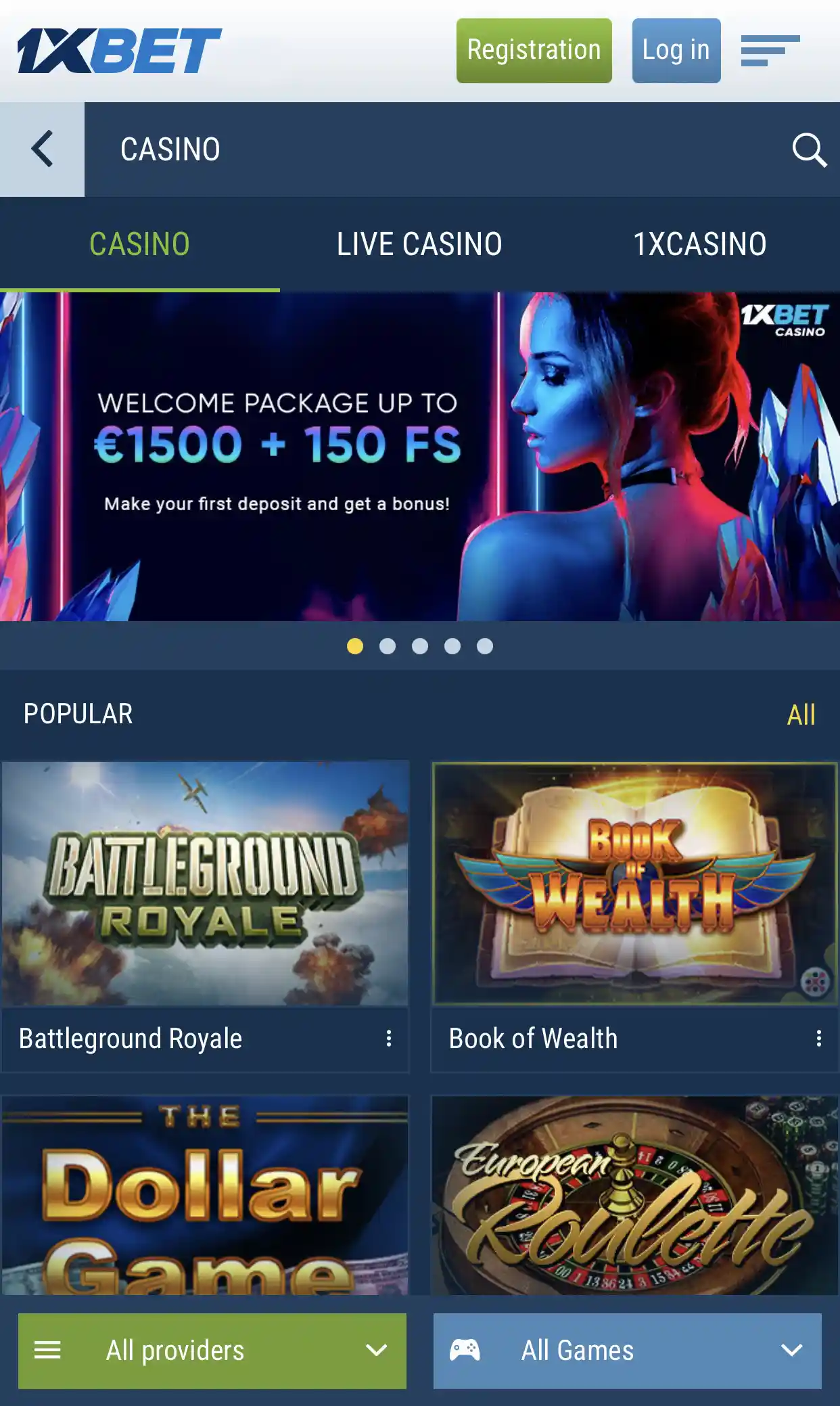 On the 1xbet homepage you can find out about the company's main bonuses and most popular games.