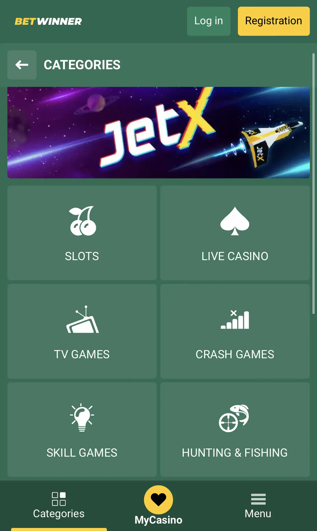 Open the convenient interface of the Betwinner website and check out all the categories of games.
