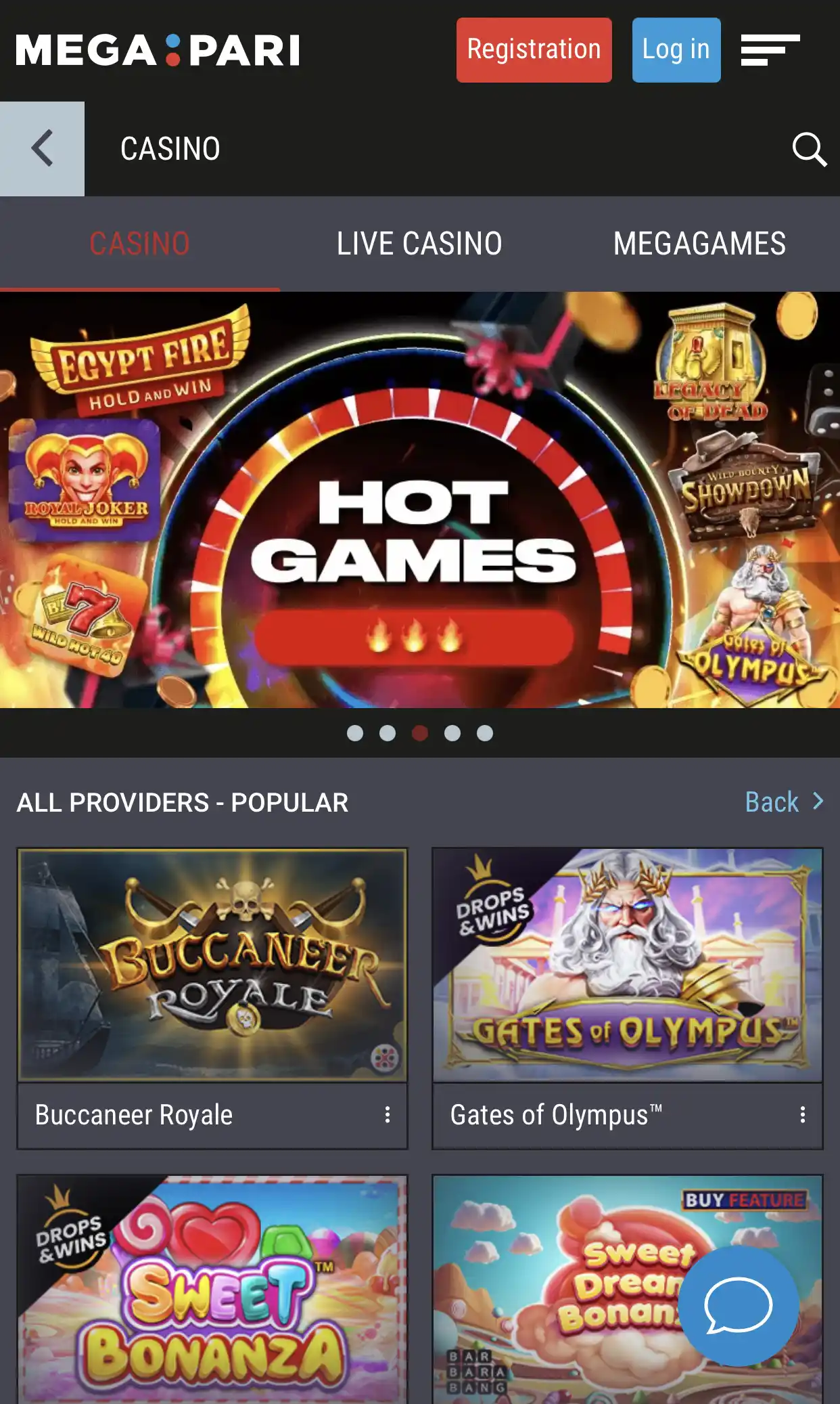 Megapari's casino section features many handy filters to help you find games quickly.