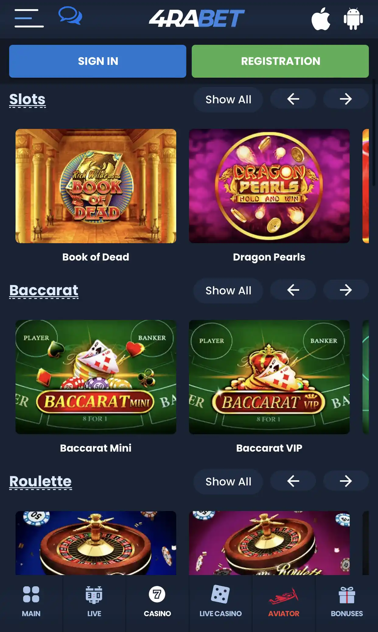 Choose your favorite game among the most popular 4rabet casino games.