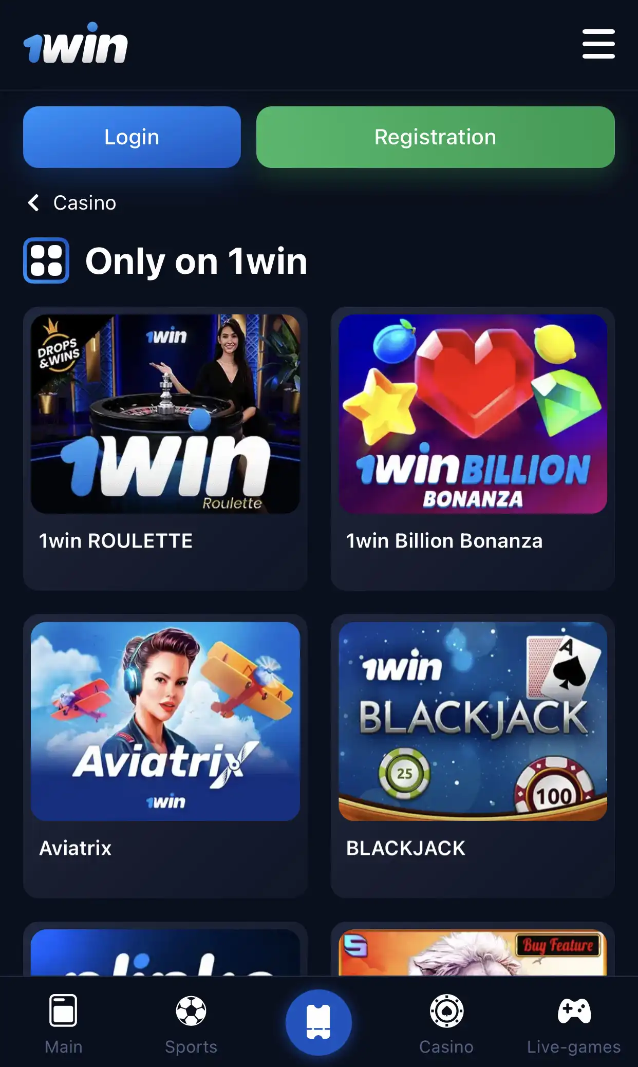 Play exclusively featured games at 1win casino and win money.