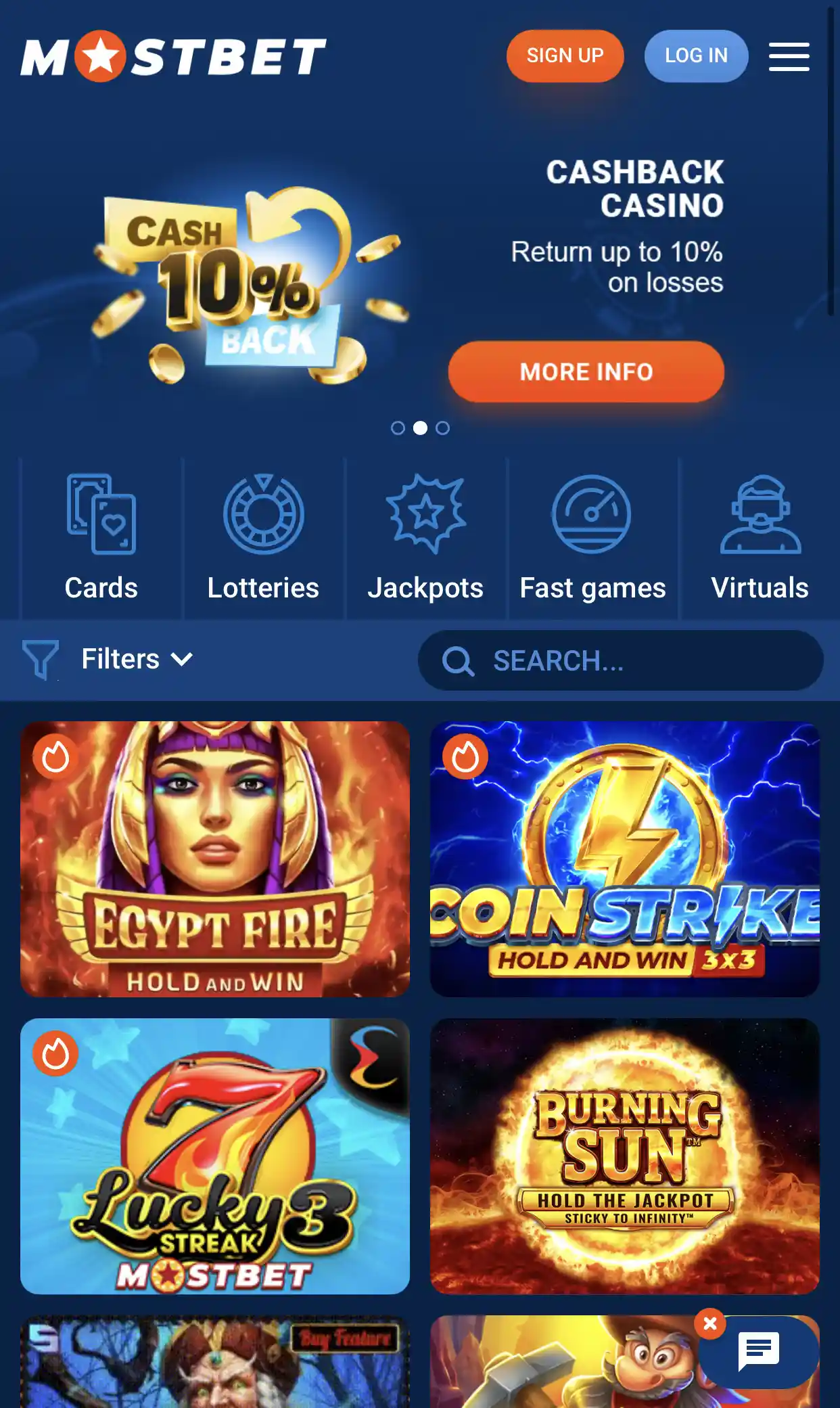 Use the filters to search for casino games.