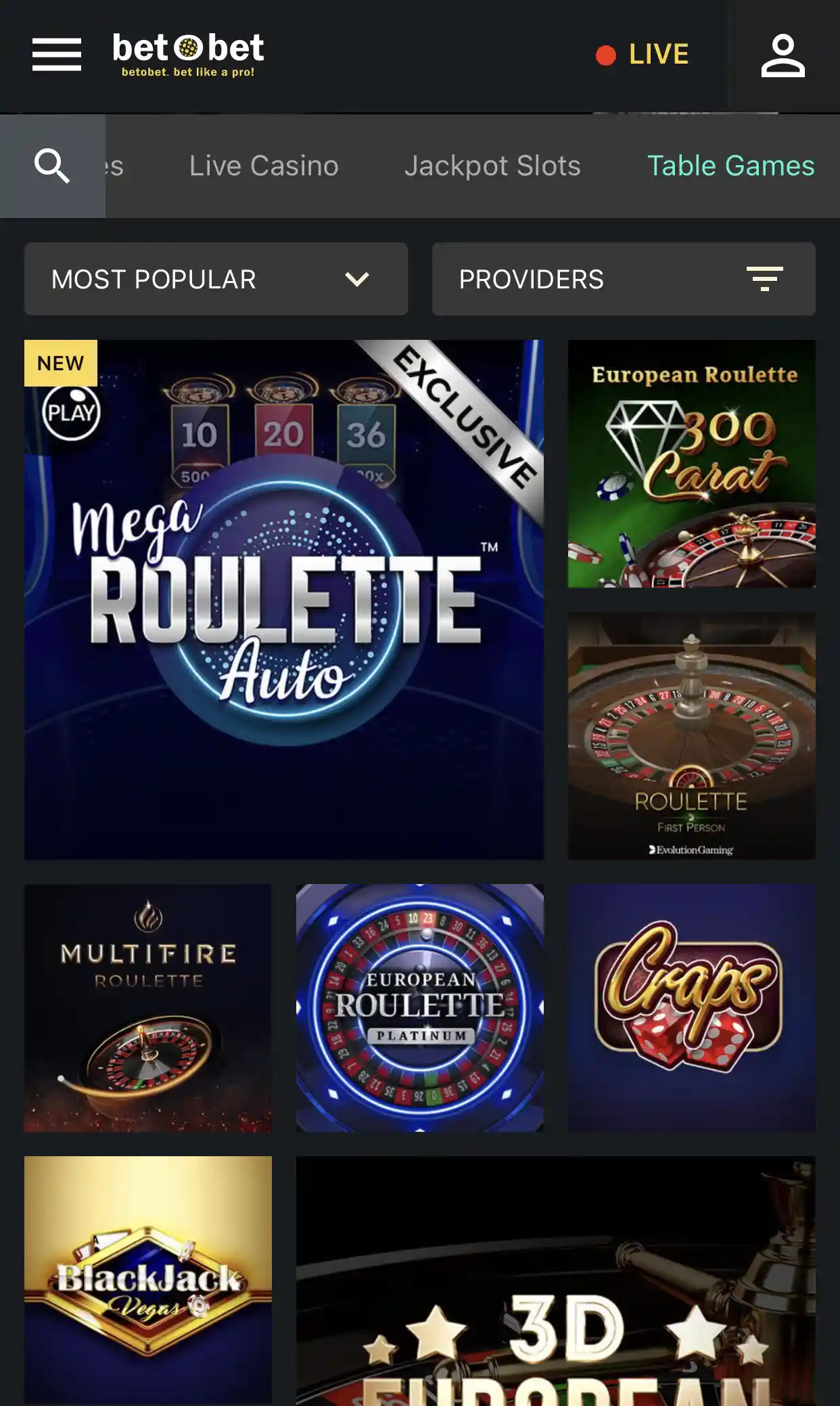 Table games and roulette at Betobet Casino with big wins.
