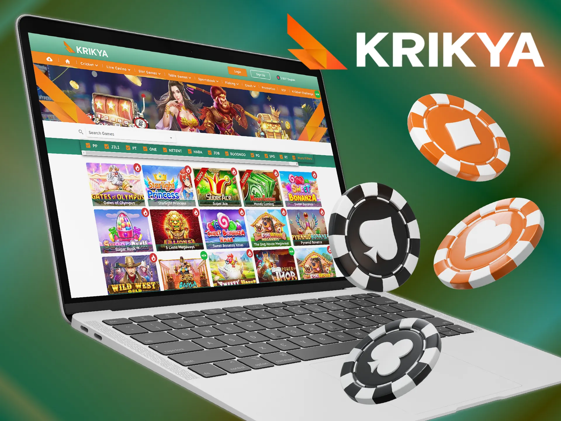 Select your favorite casino games on the Krikya casino web page.
