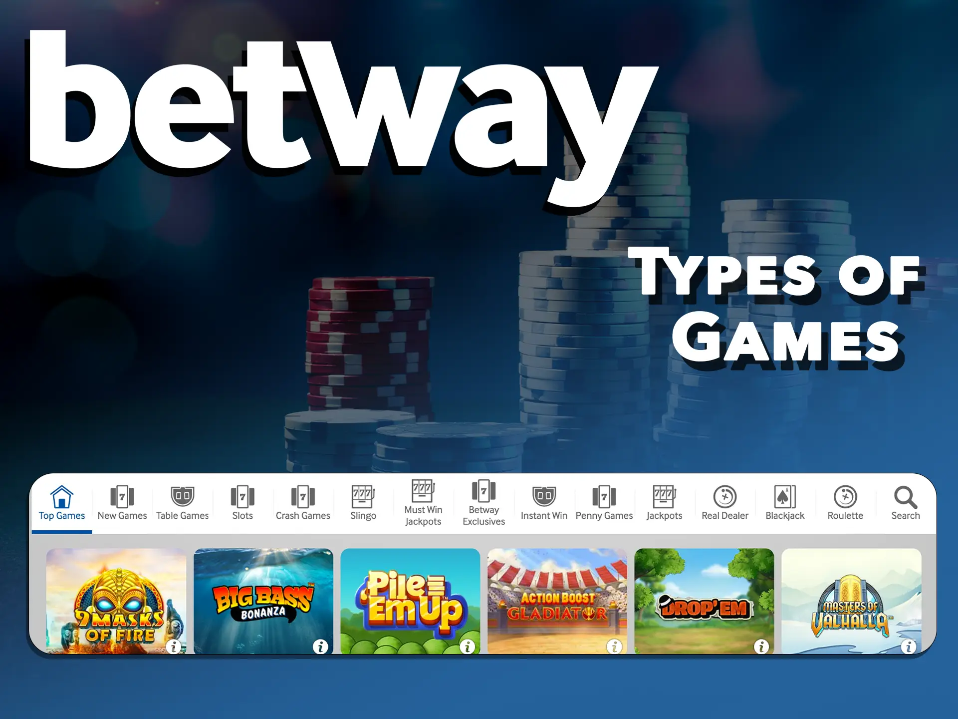 A wide variety of Betway Casino entertainment categories await you.