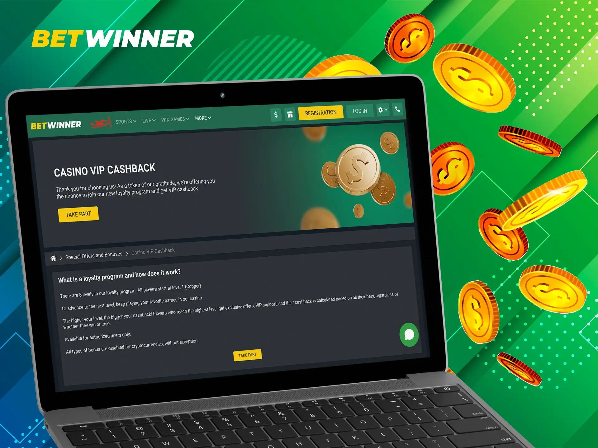 Fund your account, actively participate in games and bets and you'll get a dizzying cashback.