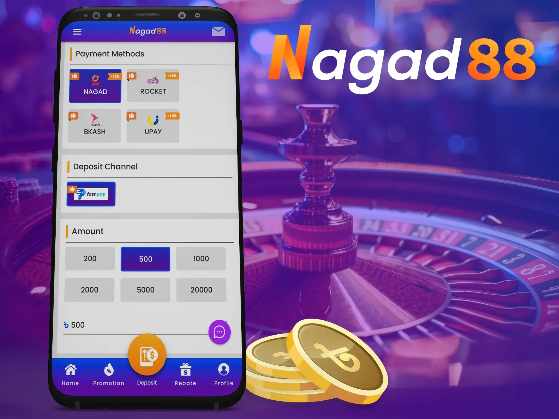 Fund your account at Nagad88 Casino in a way that is convenient for you.