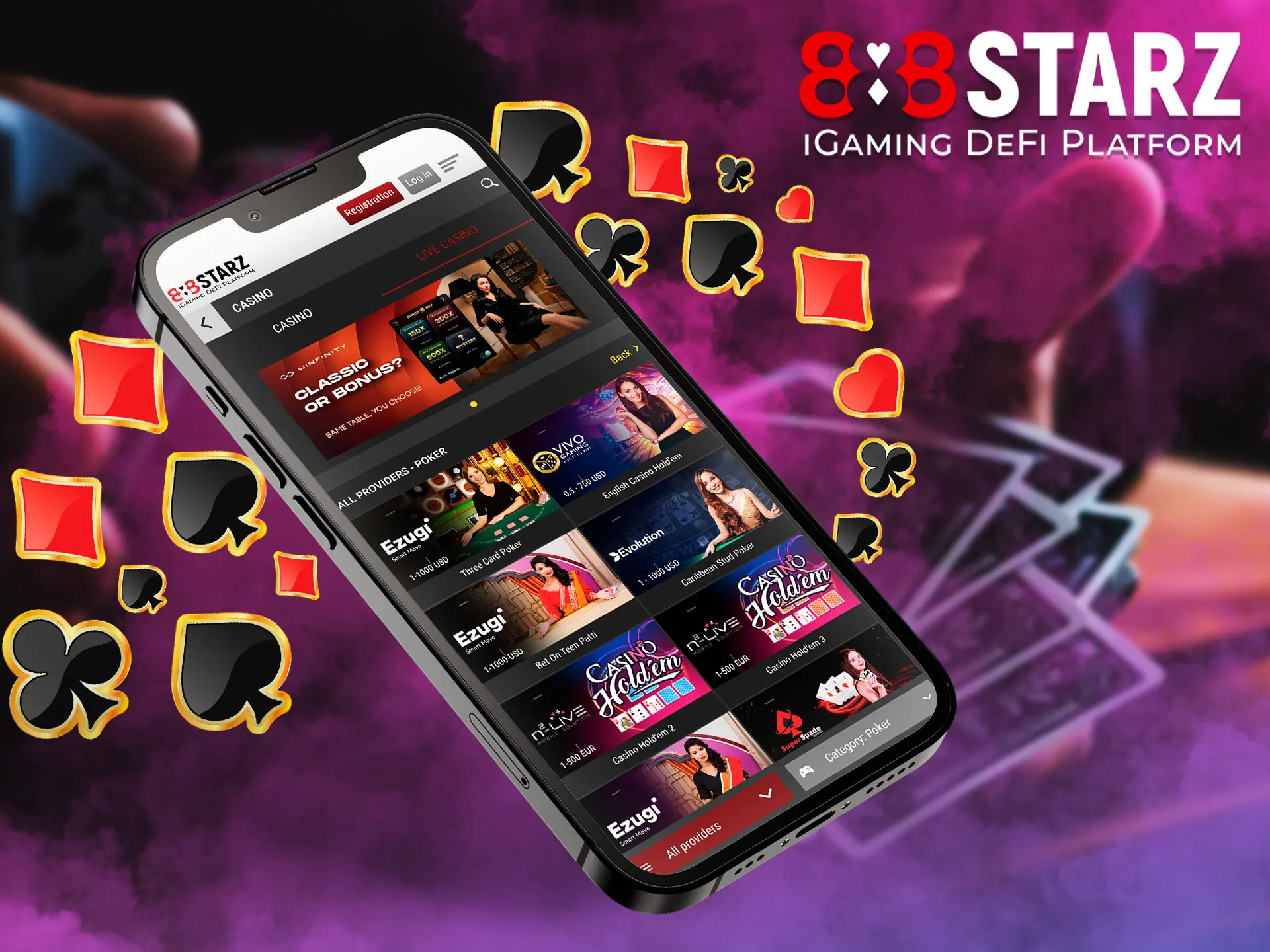 This section is available to play with real and virtual dealers, various card combinations are waiting for players 888starz.