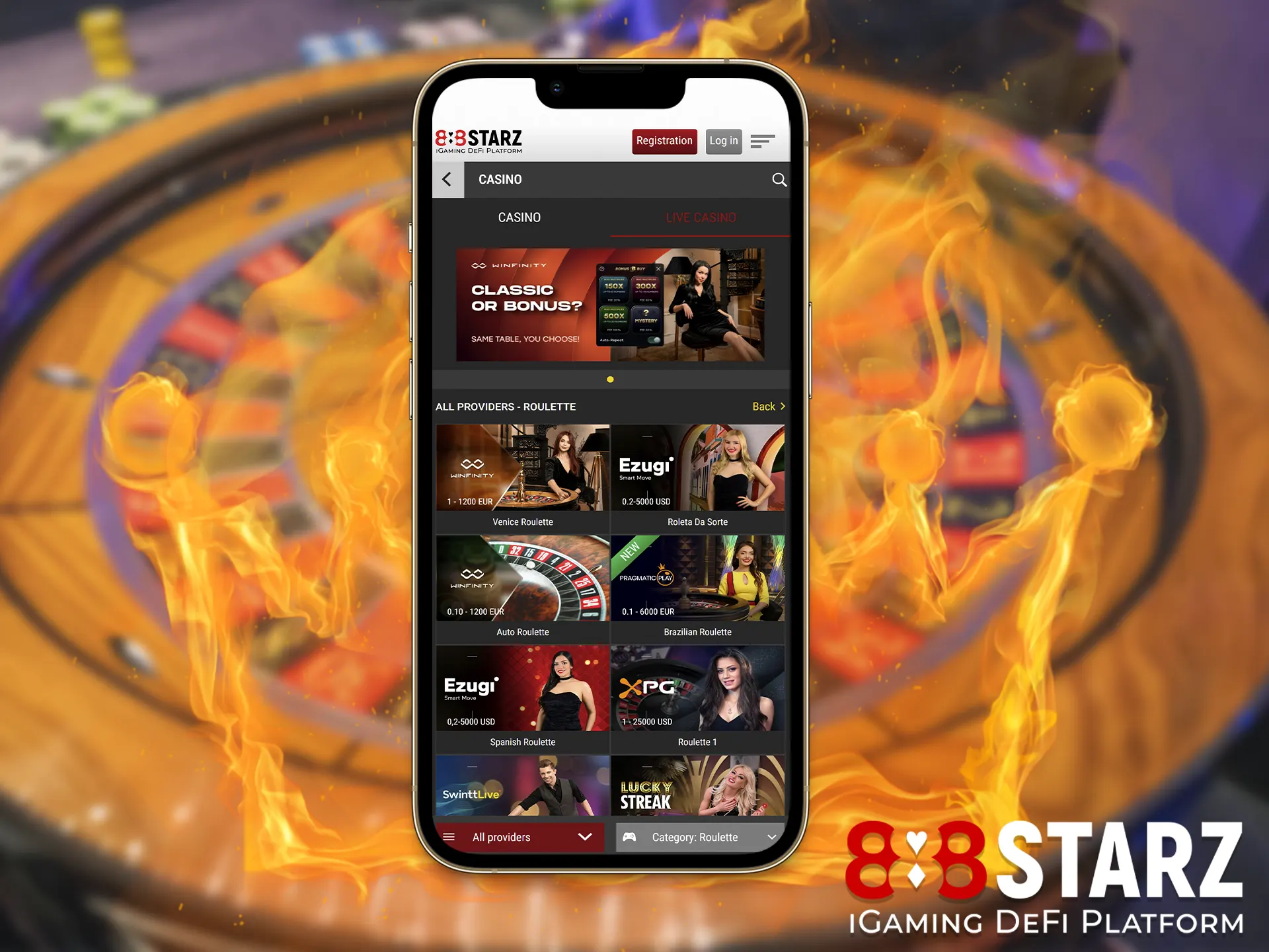 Roulette is the headliner in this category in 888starz, you will also find blackjack, poker, baccarat and other types of gambling games here.