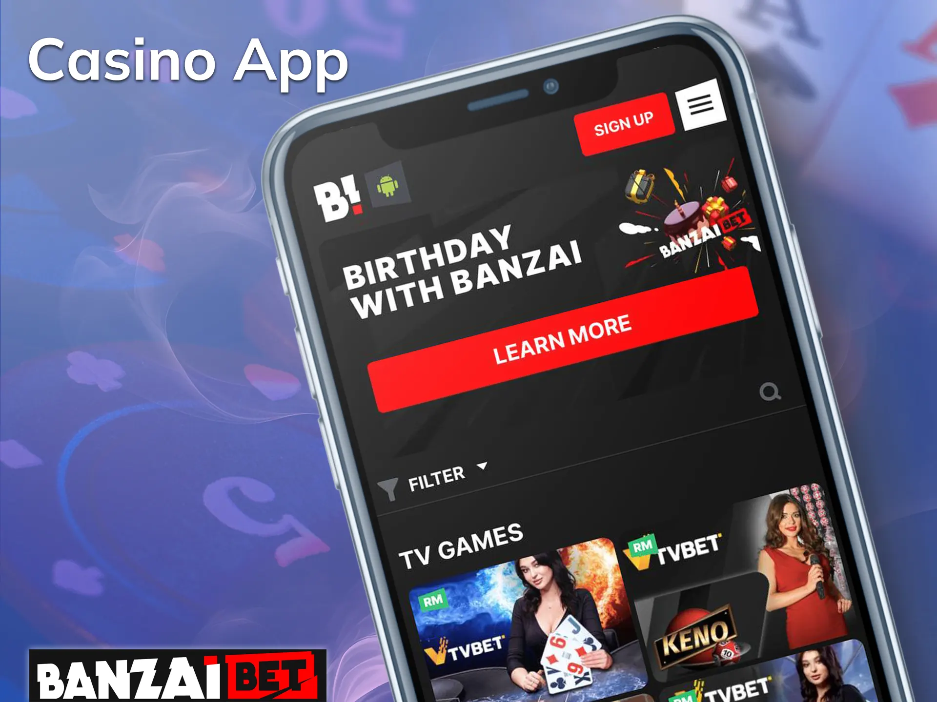 App Play at Banzai Bet online casino using your smartphone.