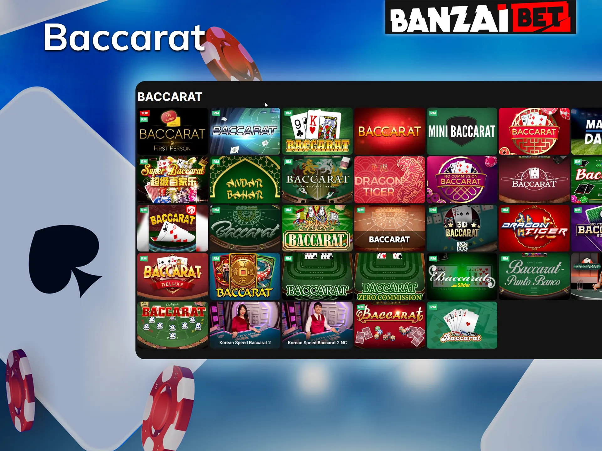 Play Baccarat at Banzai Bet online casino.
