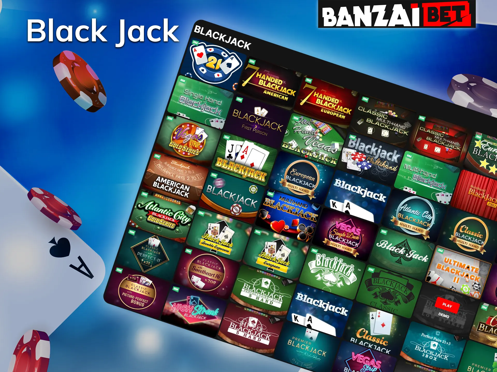 Play Black Jack at Banzai Bet online casino.