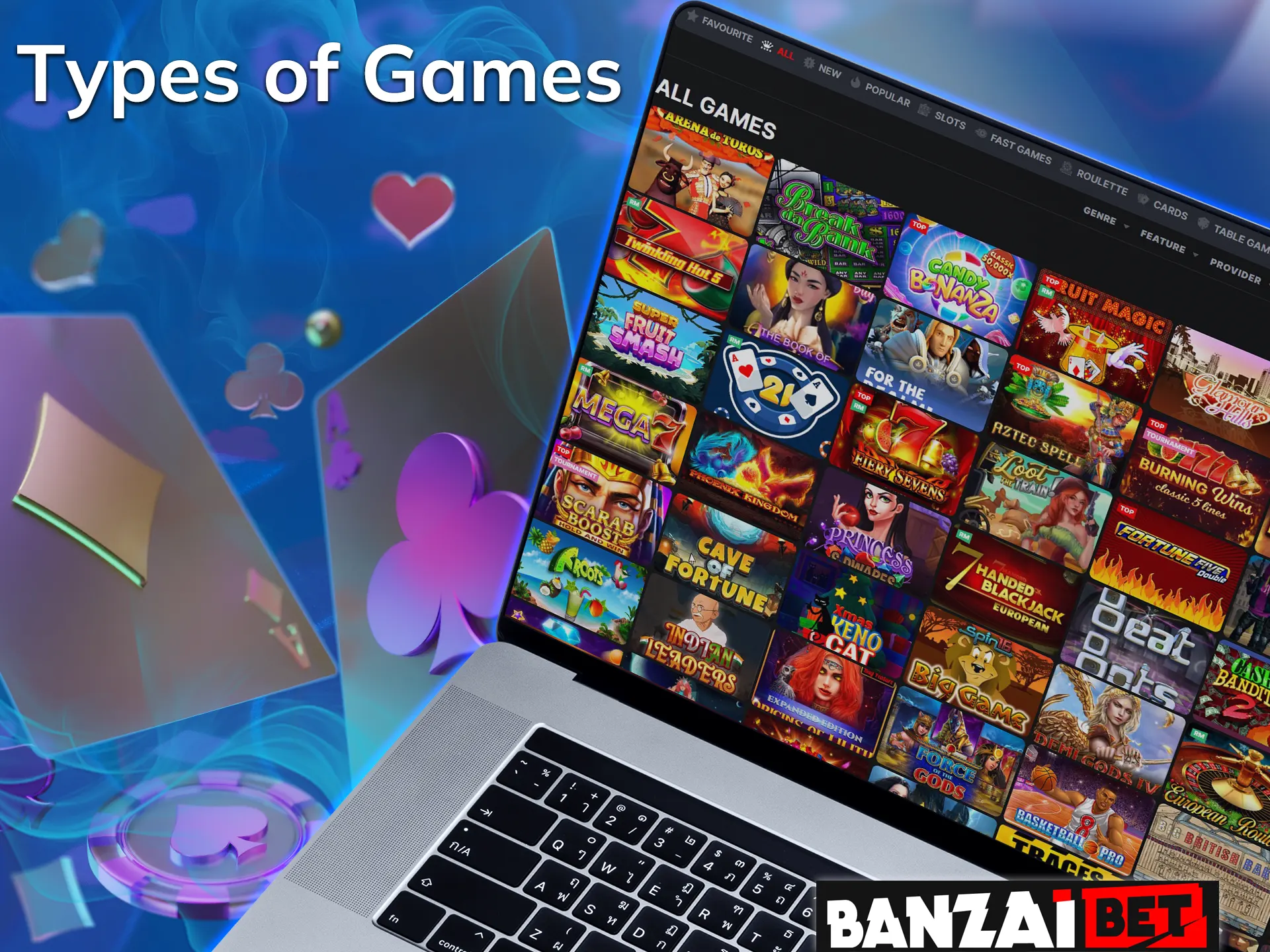 The Banzai Bet website offers a wide range of game types.