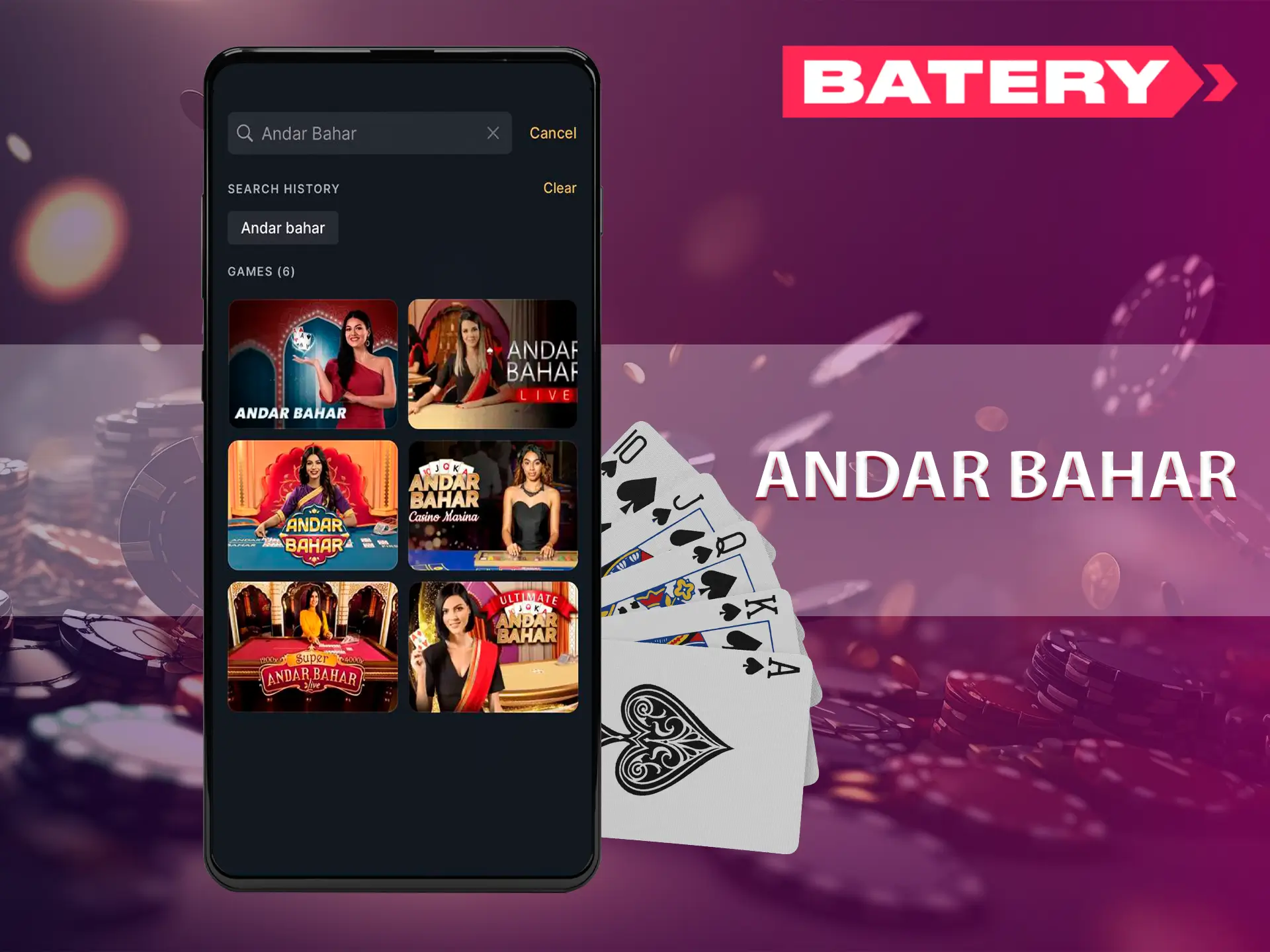 Try the popular card game Andar Bahar at Batery Casino.