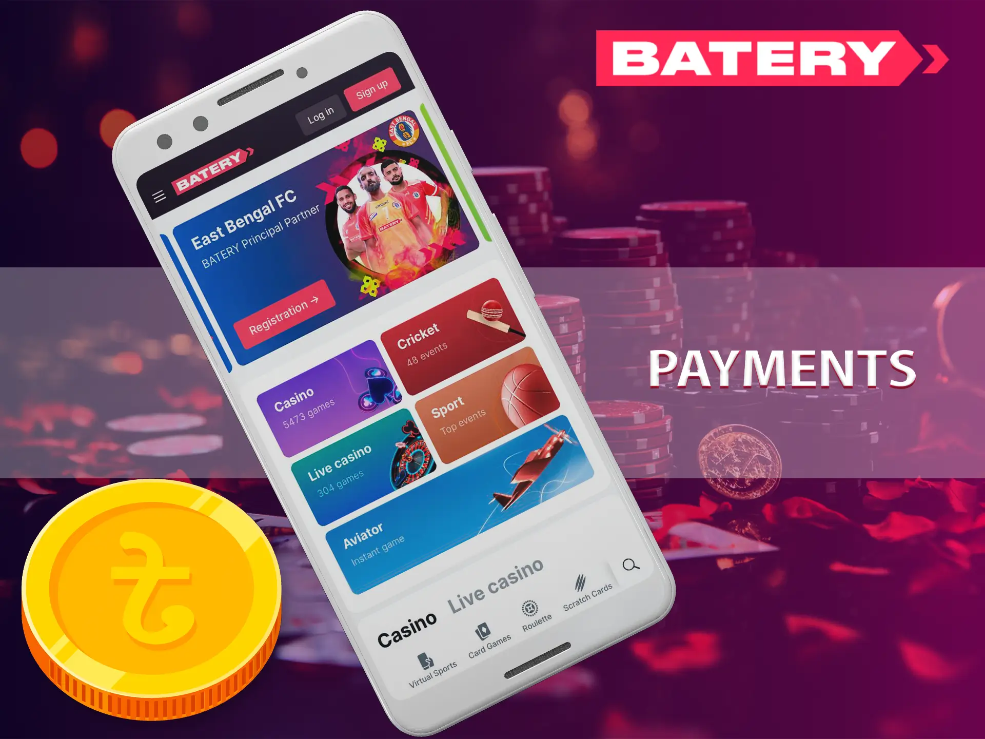 Use the available deposit and payment methods at Batery Casino.