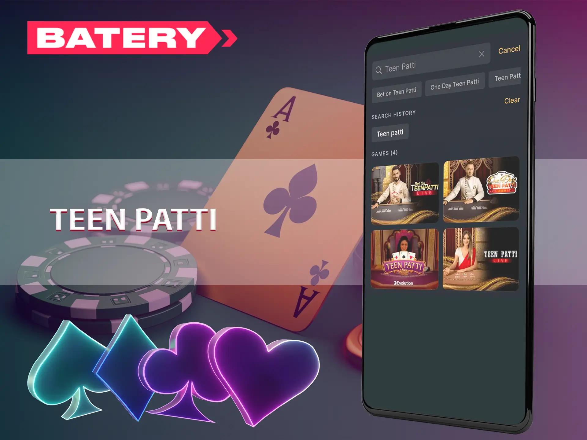 Try your luck in the Teen Patti game from Batery.