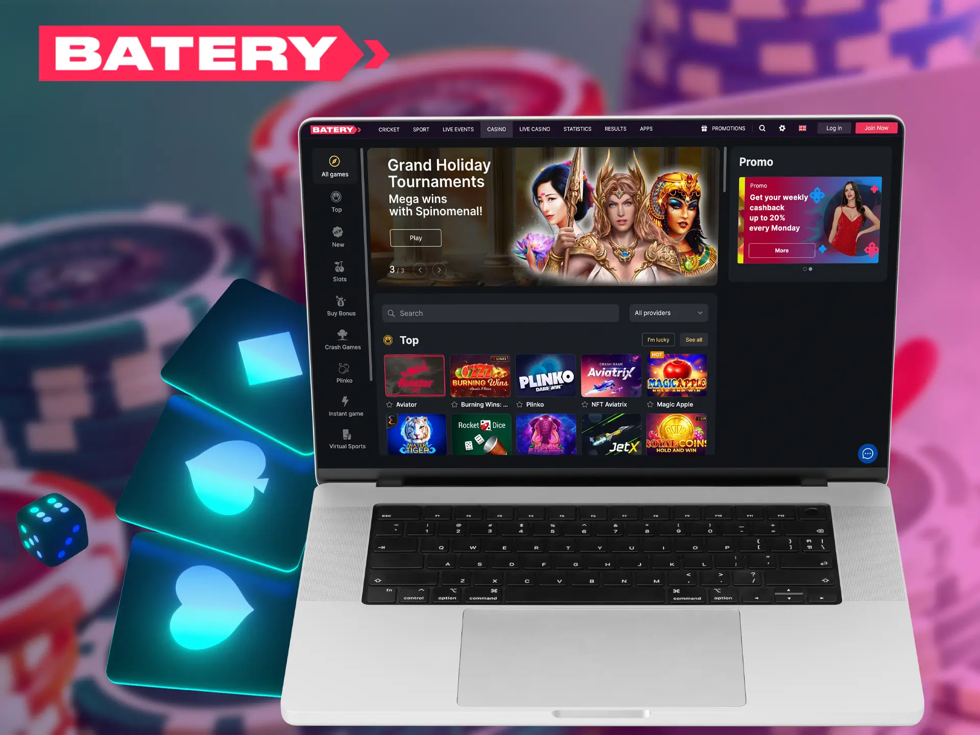 The variety of gaming options allows the player not to get bored at Batery Casino.