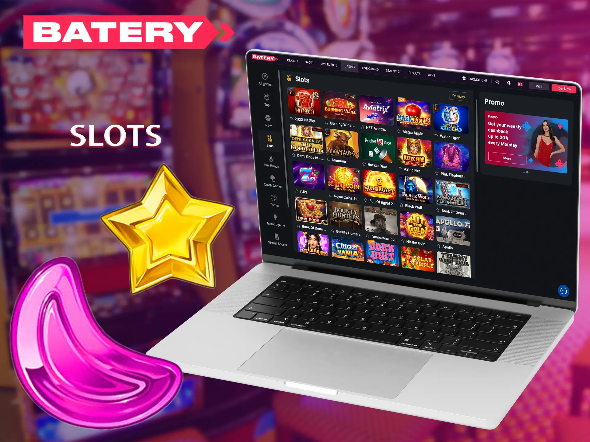 Plenty of slots are available to play at Batery Casino.