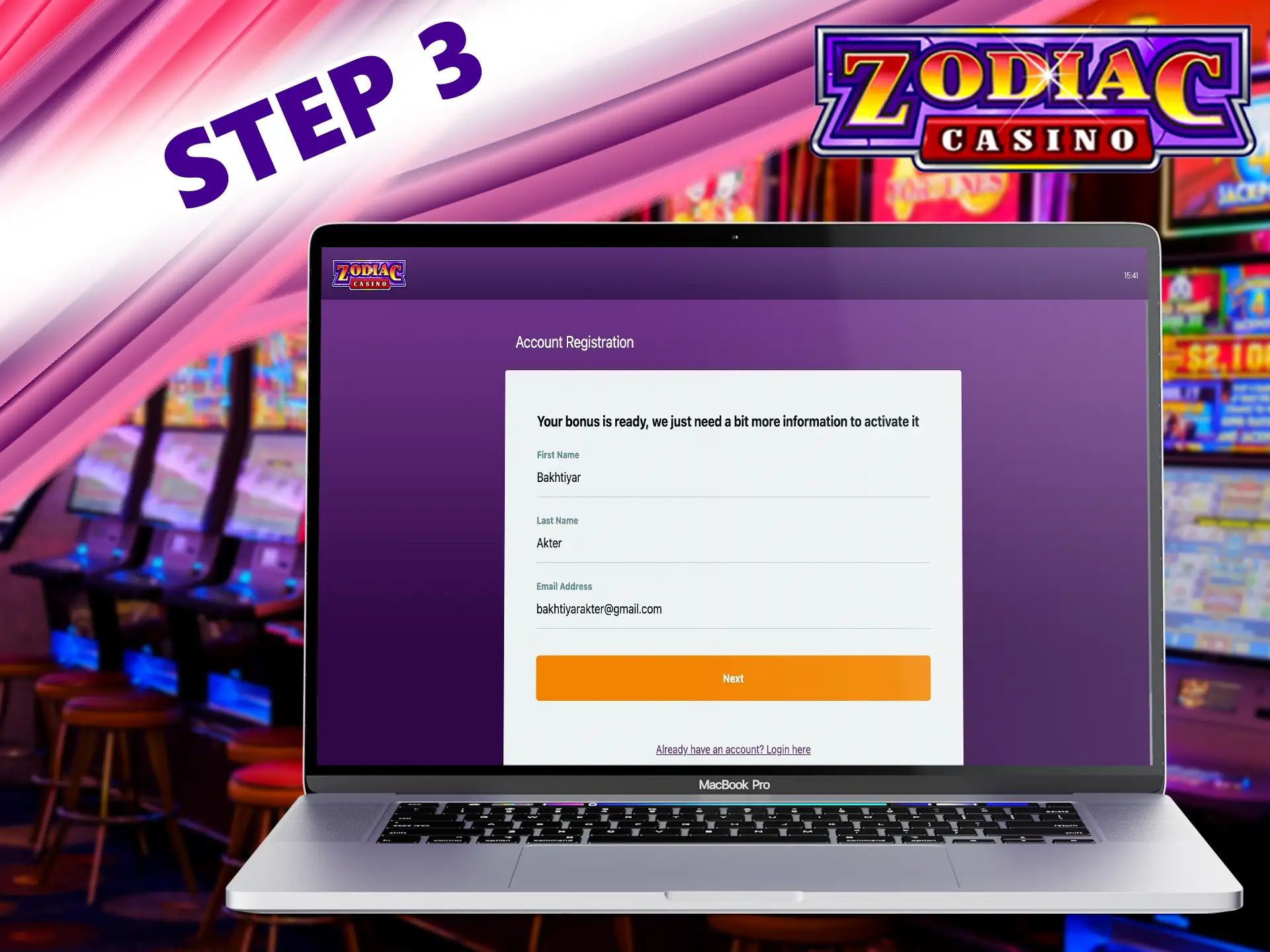 Fill in the actual data fields to further authorize on the site Zodiac Casino.
