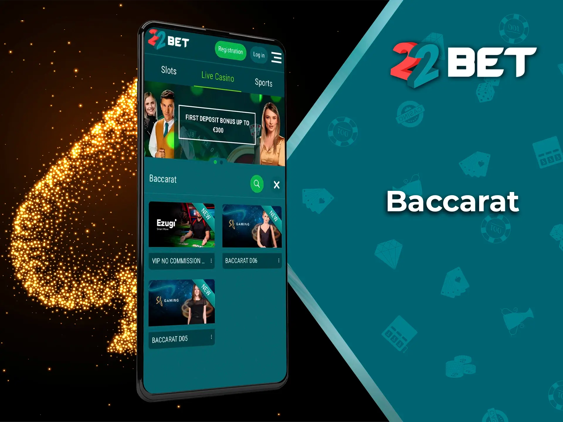 Collect combinations of cards in Baccarat from 22Bet to win regularly.