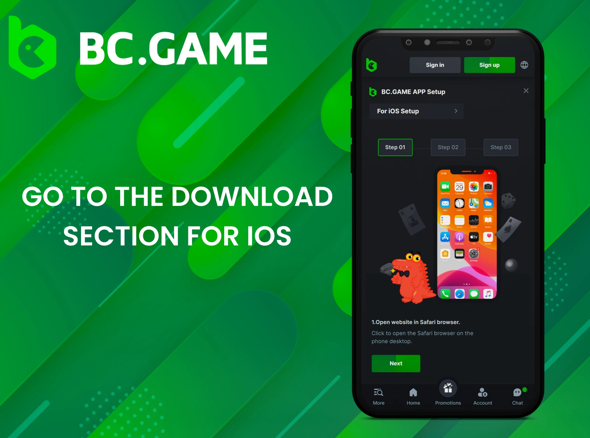 On the BC Game website, go to the app downloads section and select iOS device.