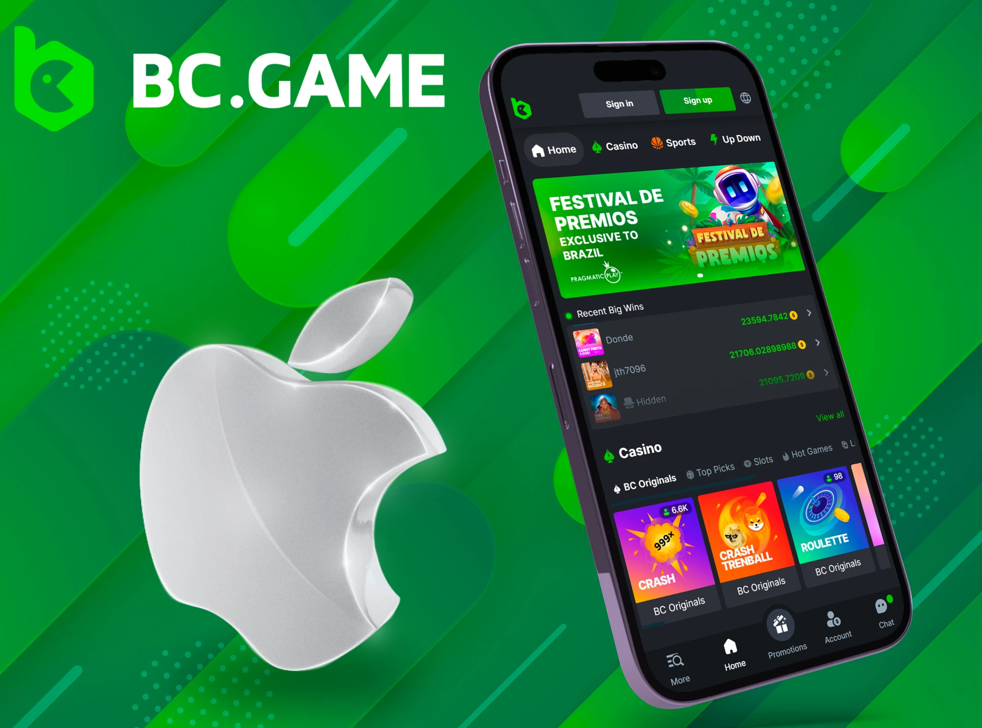 Place your bets and play at the casino using the BC Game app for iOS.