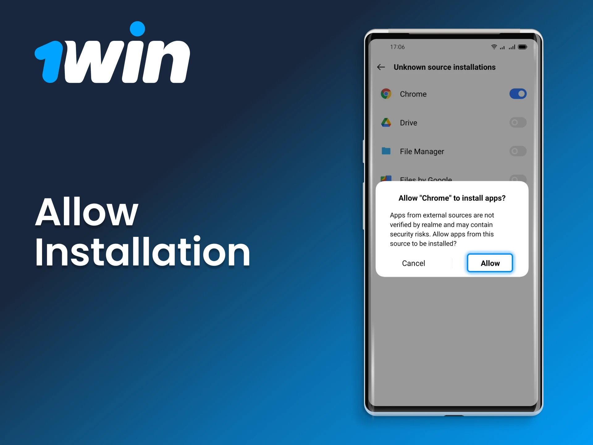 Adjust settings to install the 1Win casino app.
