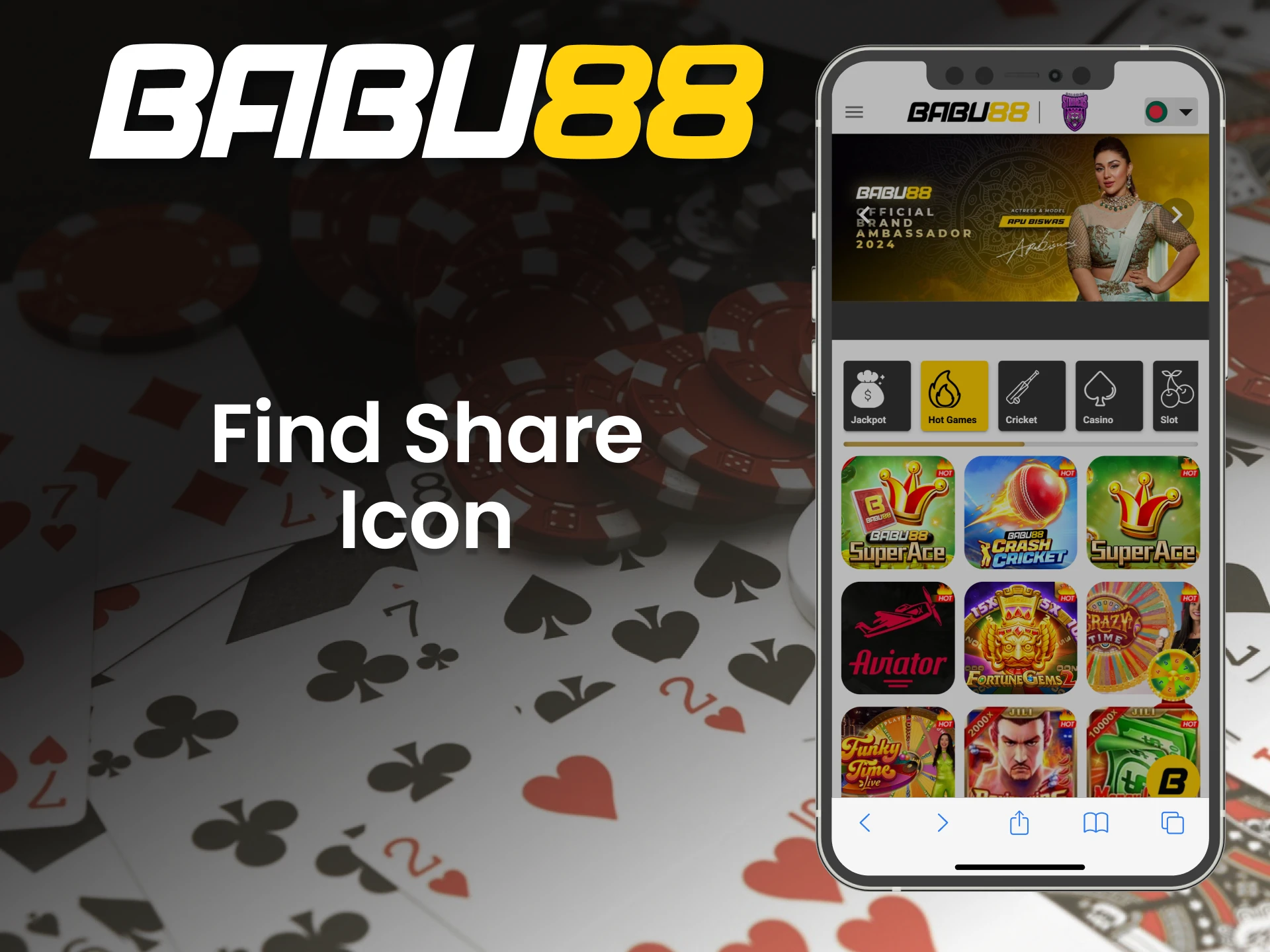 Press "Share" icon to bookmark the Babu88 online casino on your device.