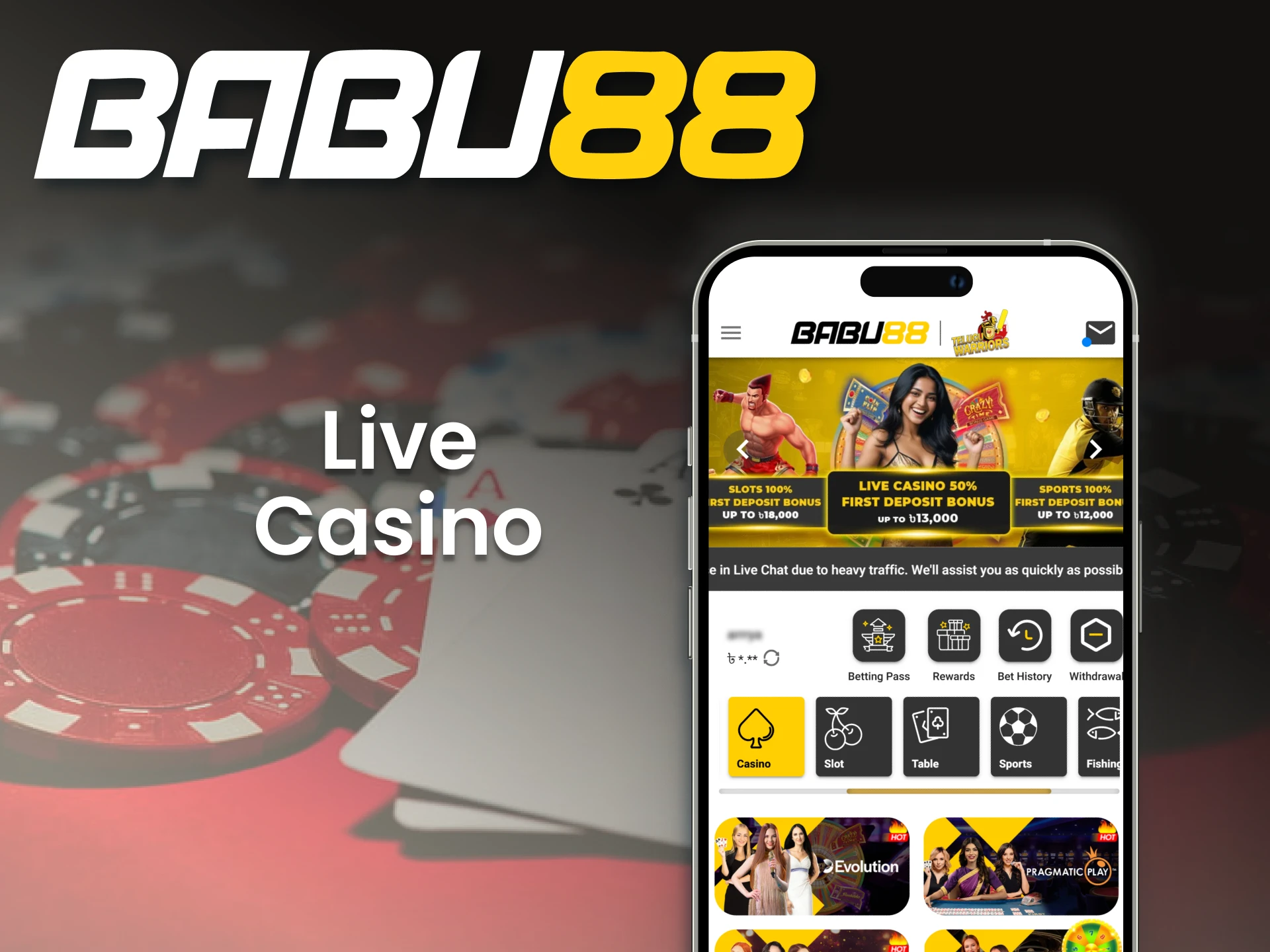 Play with real dealers online in the live section of the Babu88 casino app.