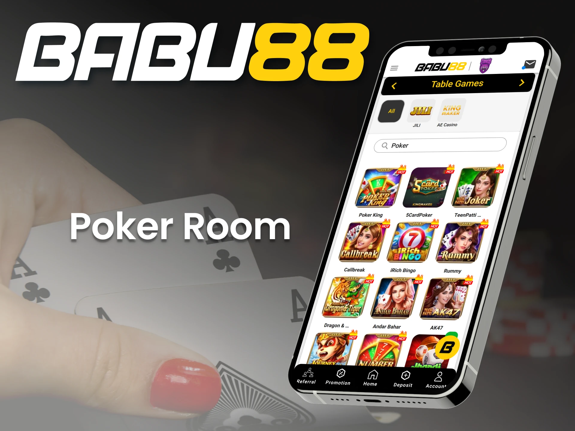 Enjoy playing various poker games at the Babu88 online casino app.