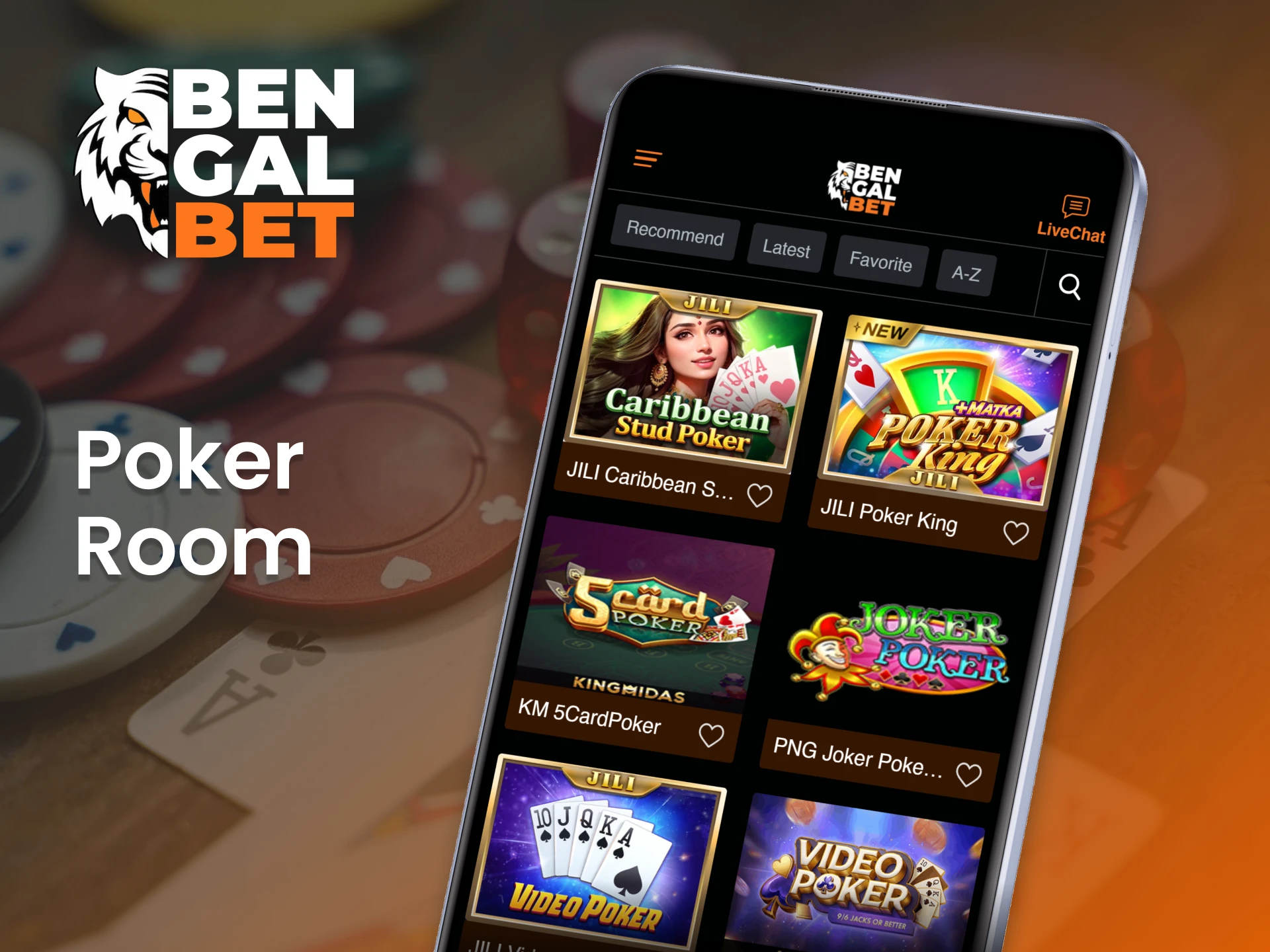Discover the perfect poker game for you on the Bengalbet casino app.