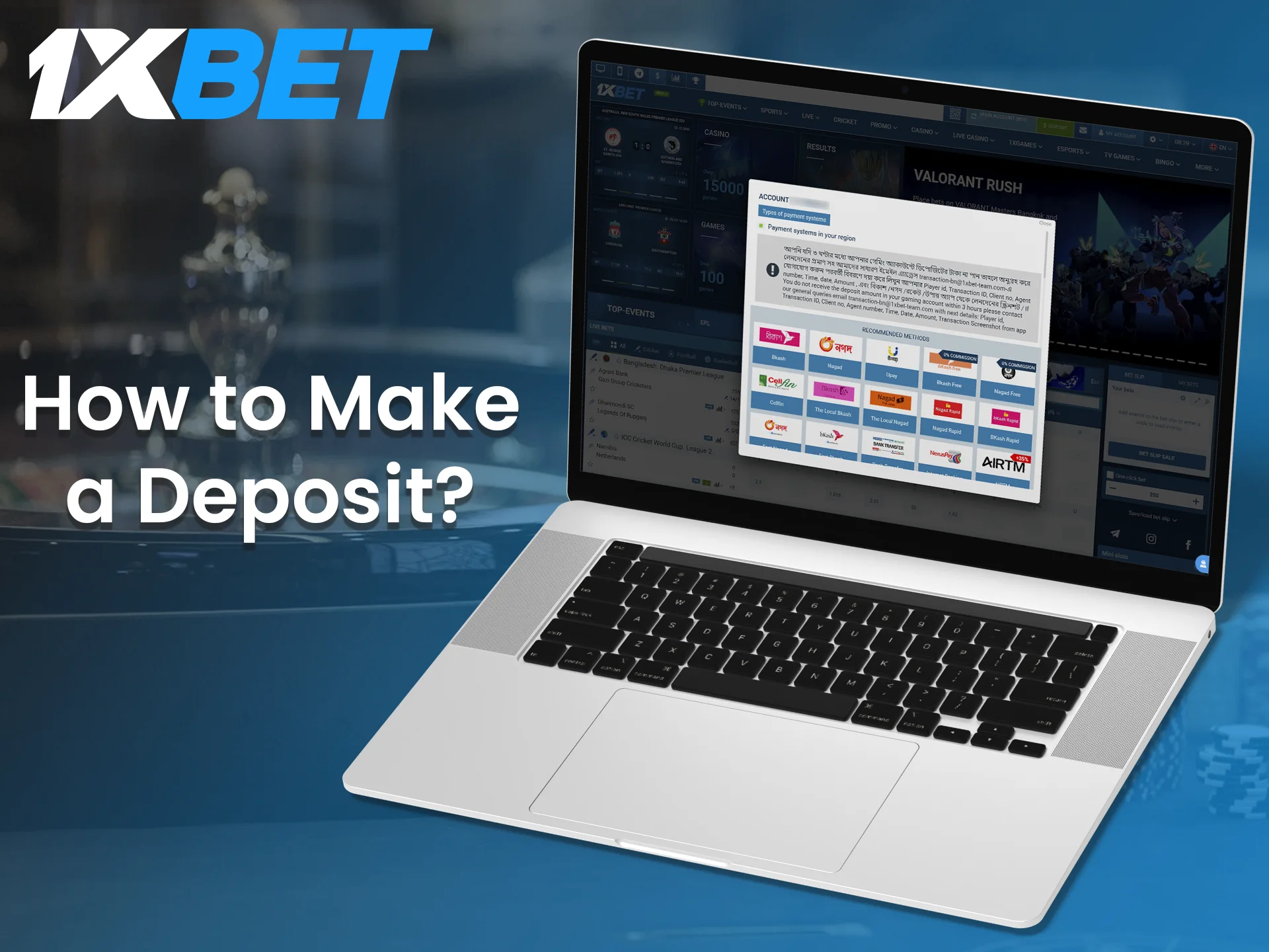 Follow these steps to make a deposit at 1xBet website.