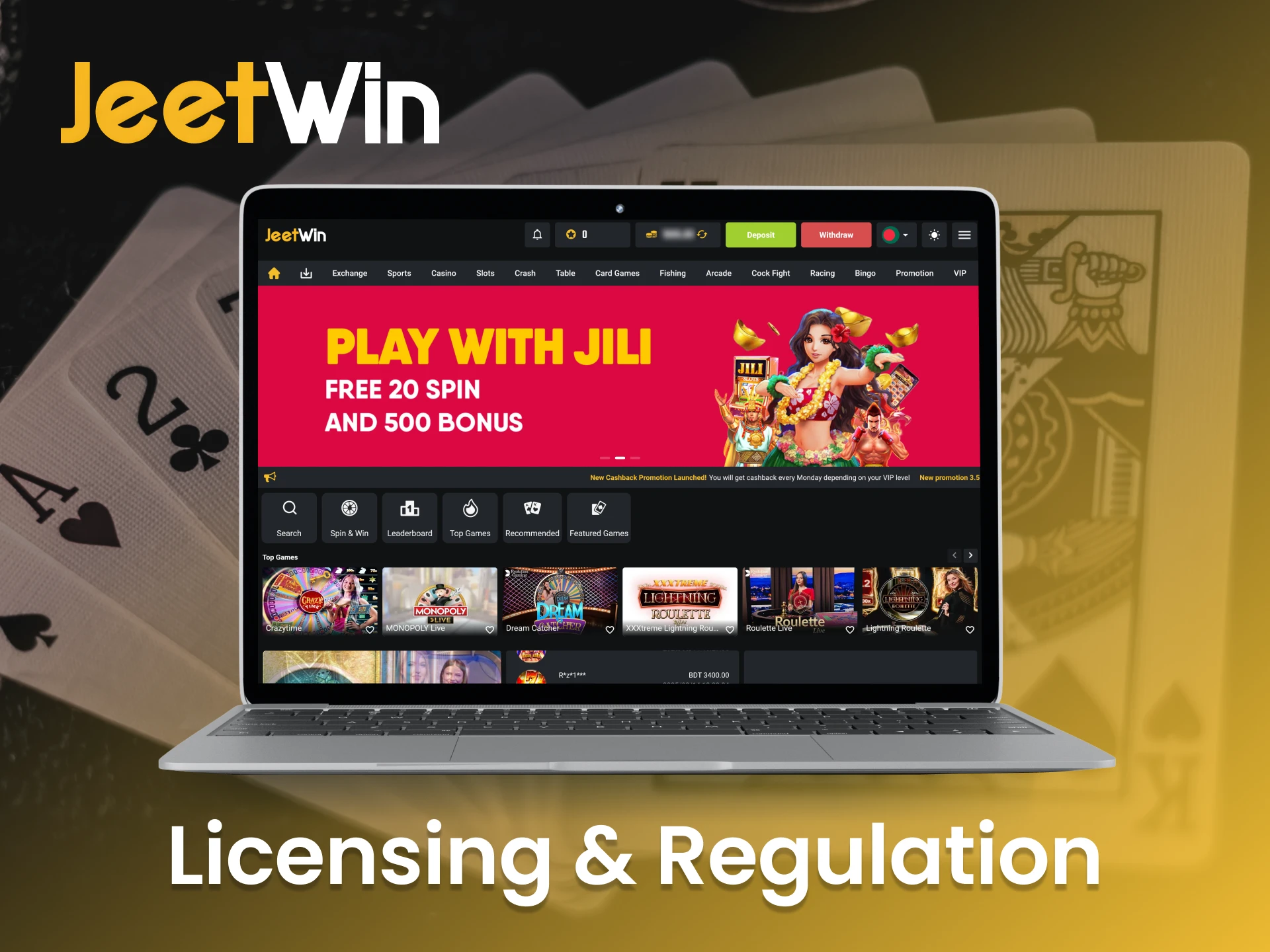 Play with confidence at the fully licensed JeetWin casino.